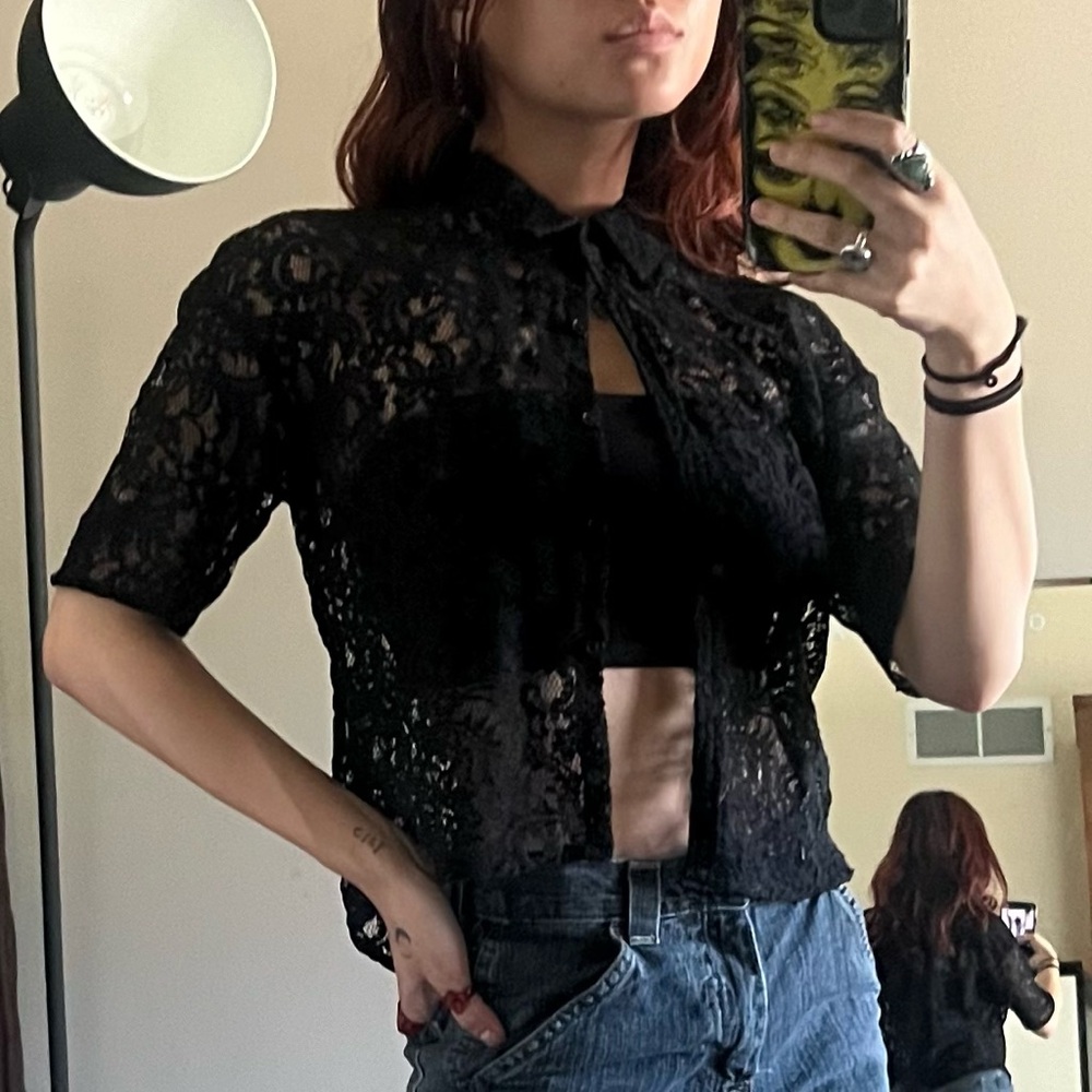 Lace Button Up Short Sleeve Top